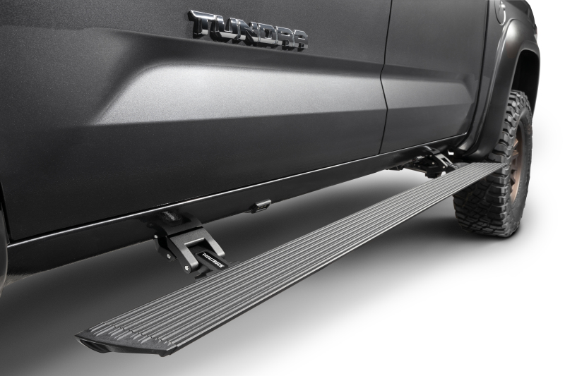 Toyota Tundra Electric Running Boards - Go Rhino - VoltStep, 6 in Wide, Dual-Motor, Automatic Deploy/Retract, Integrated LED Lighting, No-Drill Install - Textured Black - `22-`24